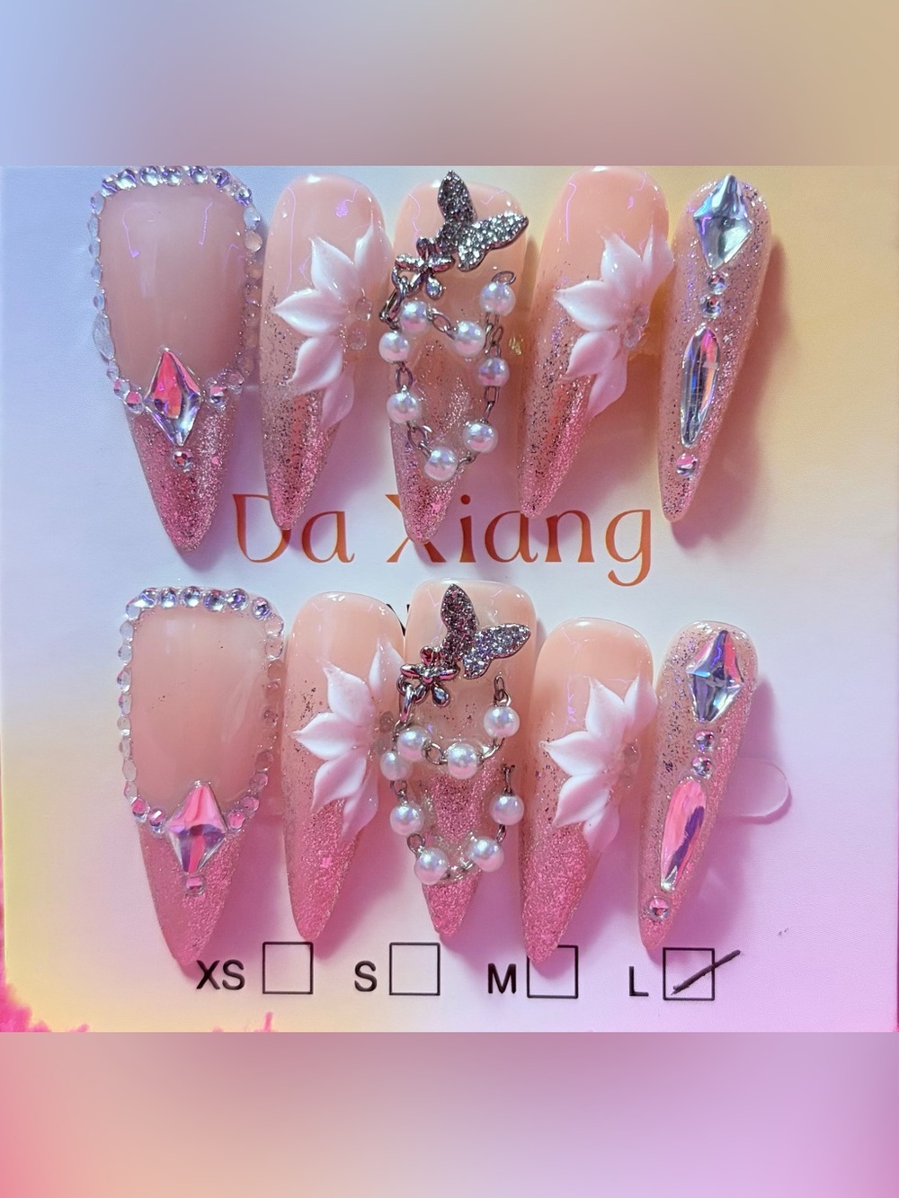 Nude Glitter Stiletto Press-On Nails with Pearl Charms